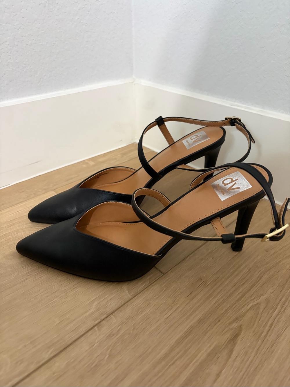 DV by Dolce Vita Black Pointed Slingback Heels with Gold Buckle
